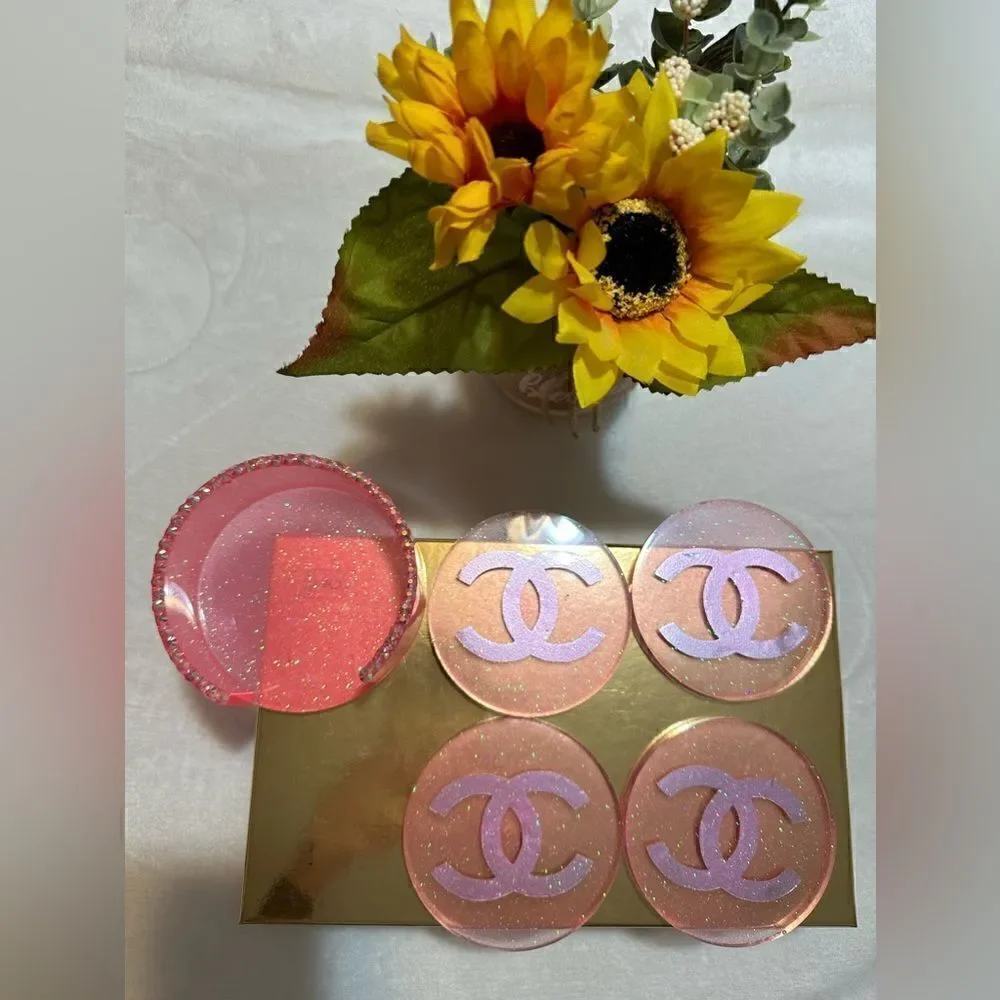 Pink Glitter Resin Coasters / Circle Shapes Handmade Resin. Ch= Monogr…